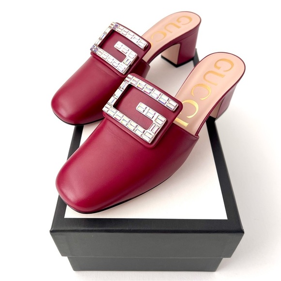 New GUCCI || Madelyn Red Mule Square Crystal Embellished GG Slip On Heel EU 37.5 - Picture 1 of 12
